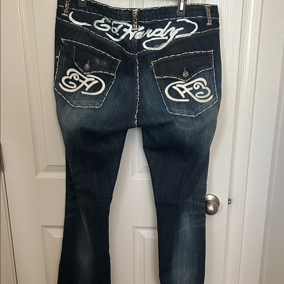 Ed Hardy Navy Skinny Jeans with Gold Chain Accents - Picture 3 of 4
